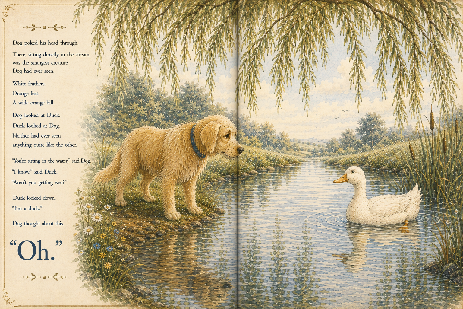 A sunlit Willowmere landscape — golden fields, wildflowers, and a winding lane